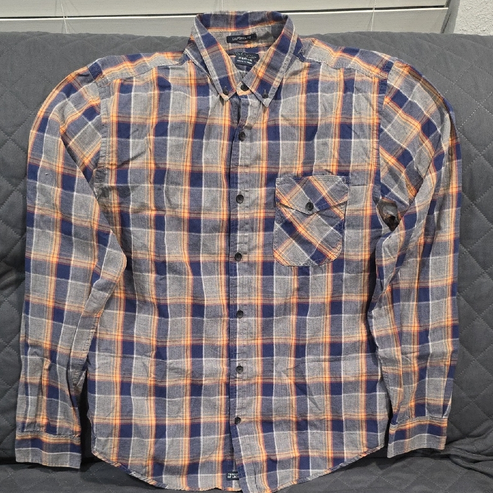Lucky Brand California Fit Blue and Orange Plaid Shirt